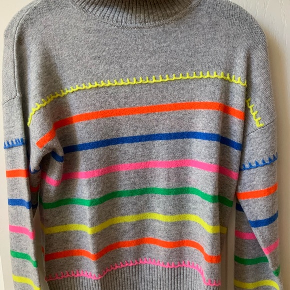 BEAUTIFUL NEW AUTUMN GRAY CASHMERE MULTI STRIPED BRETON CASHMERE SWEATER - Picture 2 of 16